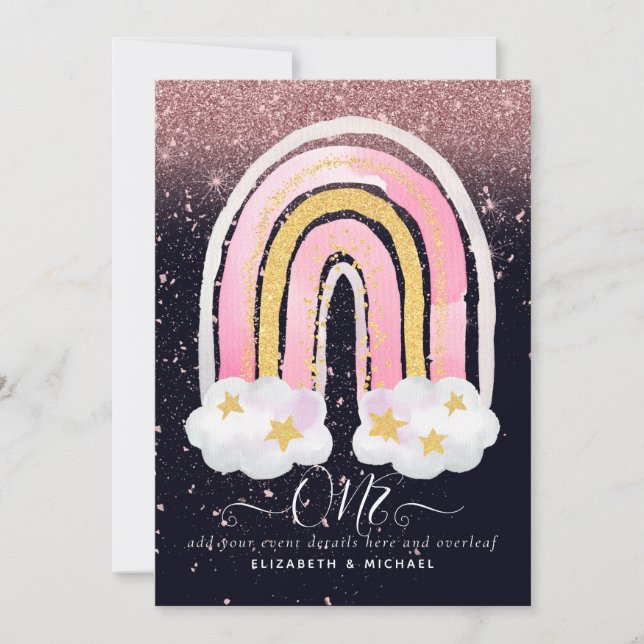 CUSTOM 1. BIRTHDAY Girly PInk Gold Glitzer Rainbow (Vorderseite)