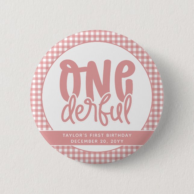 Custom 1. Geburtstag Niedlich Pastel Pink Onederfu Button (Vorderseite)