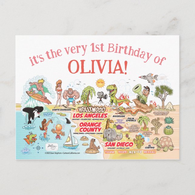 Custom 1st Birthday SoCal Einladungspostkarte (Vorderseite)