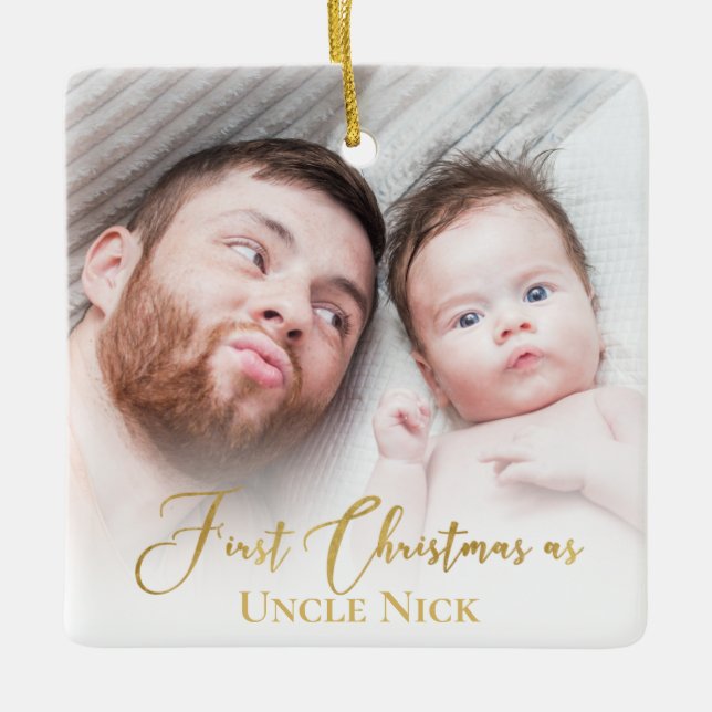 Custom 1st Christmas As Unon 2 Foto Gold Script Keramikornament (Vorderseite)