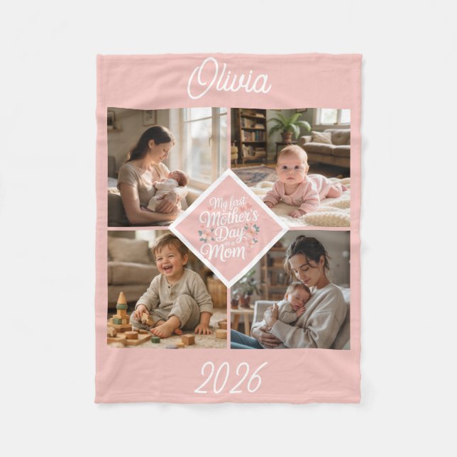 Custom 1st Mother's Day Photo Collage Pink Floral Fleecedecke (Vorderseite)