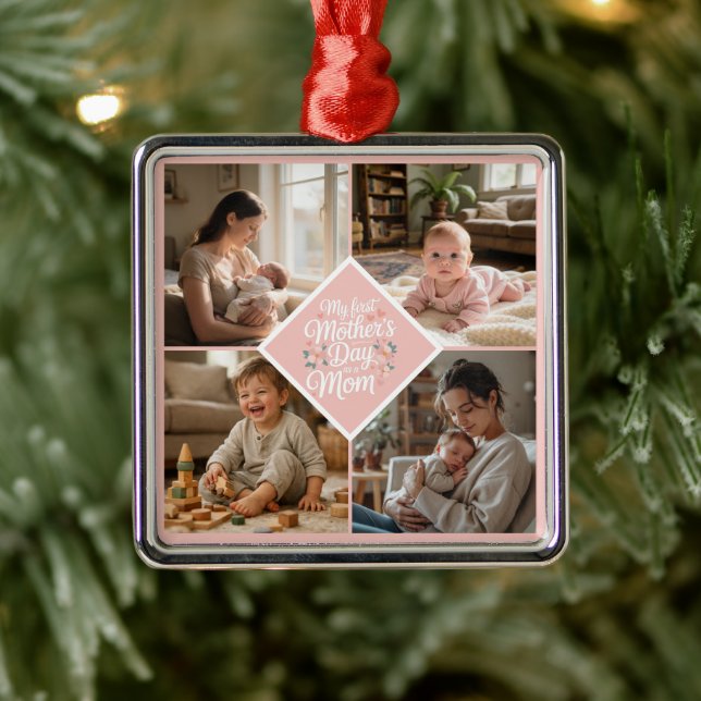 Custom 1st Mother's Day Photo Collage Pink Floral Ornament Aus Metall (Baum)