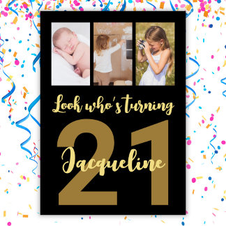 Custom 21. Geburtstag Gold Modern Foto Collage Einladung