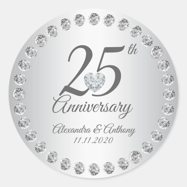 Custom 25. Wedding Anniversary Diamonds Silver Runder Aufkleber (Vorderseite)
