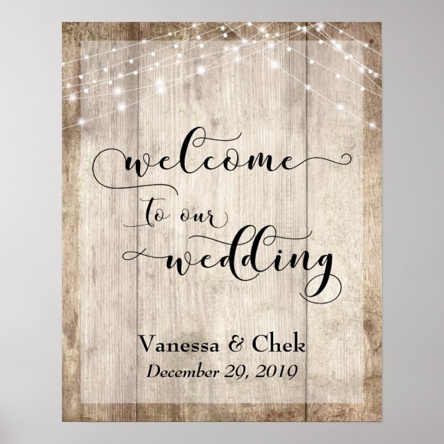 Custom 2 Brown Wood & Lights Wedding Willkommensze Poster (Vorne)