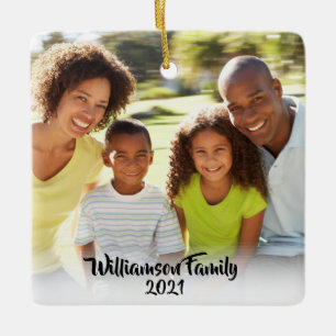 Custom 2 Foto 2 Sided Family Foto Black Script Keramikornament