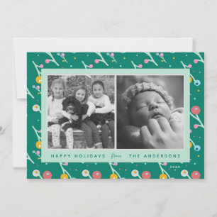 Custom 2-Foto Happy Holidays Moderne Berries Green Feiertagskarte