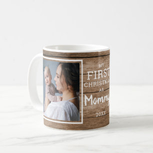 Custom 2 Foto Mommy First Christmas Rustikales Hol Kaffeetasse