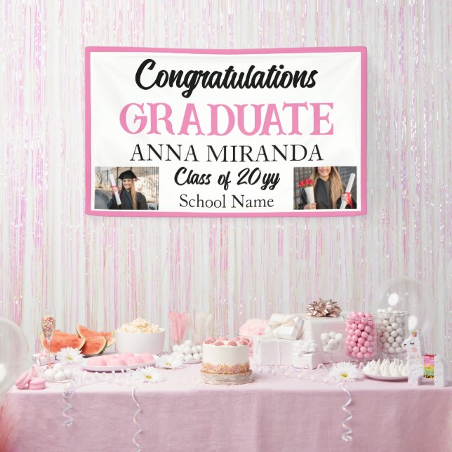 custom 2 Foto Pink Herzlichen Glückwunsch Graduate Banner (Party)