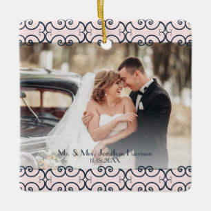 Custom 2 Foto Rose Gold Navy Elegante Hochzeit Keramikornament