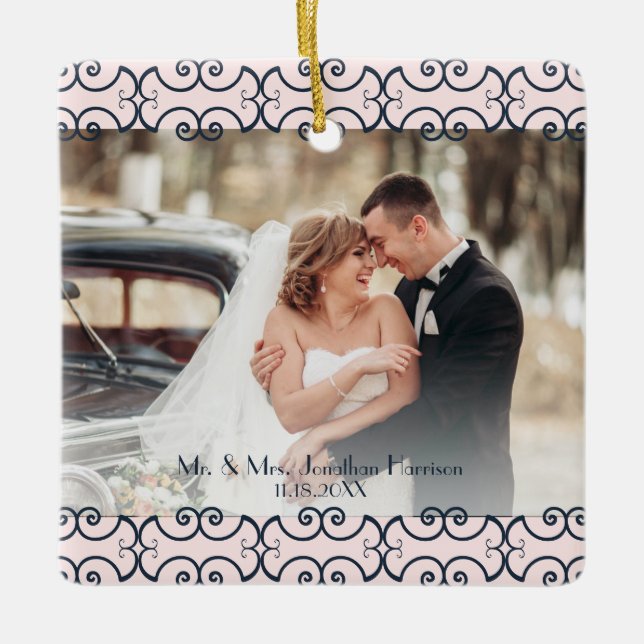 Custom 2 Foto Rose Gold Navy Elegante Hochzeit Keramikornament (Vorderseite)