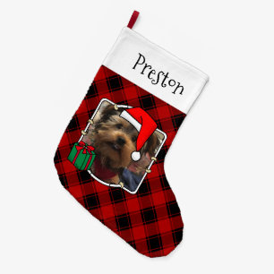 Custom 2 Foto Weihnachten Rot & Schwarz Karierten  Großer Weihnachtsstrumpf