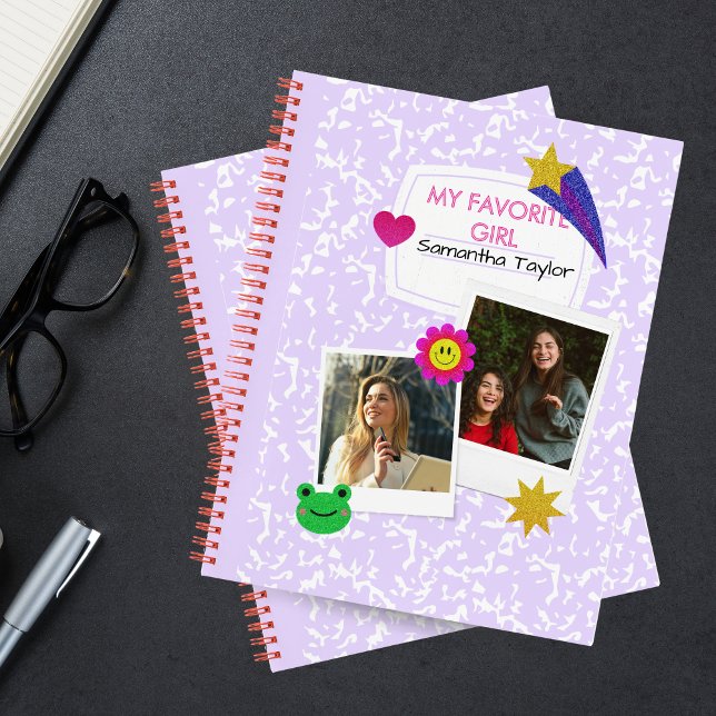 Custom 2 Fotos Collage Notebook mit Skriptname Notizbuch (Custom Photo Collage Notebook with Modern Script Name)