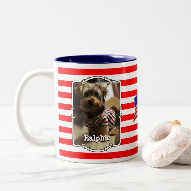 Custom 2 Fotos USA American Flag Patriotic Niedlic Zweifarbige Tasse (Mit Donut)