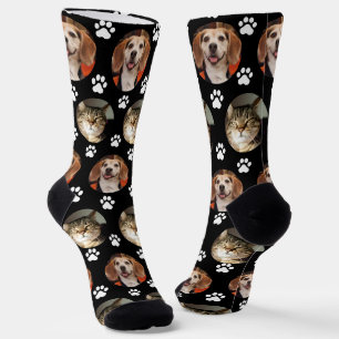 Custom 2 Pet Foto Black Paw Prints Socken