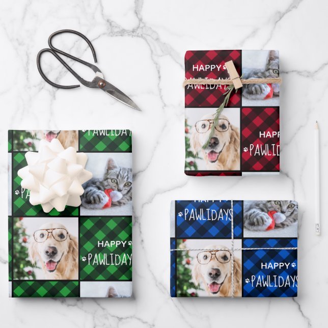 Custom 2 Pet Foto Happy Pawlidays Buffalo Kariert Geschenkpapier Set (Vorderseite)
