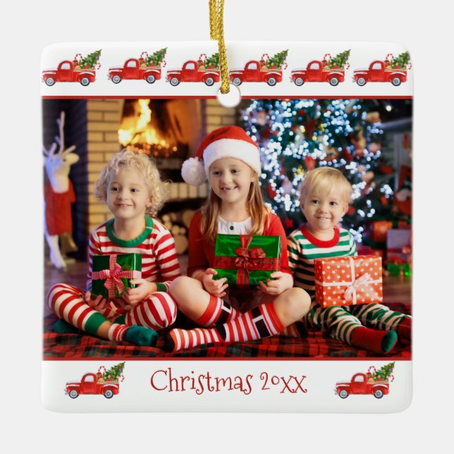 Custom 2-seitige Kinder Foto Red Truck Weihnachten Keramikornament (Vorderseite)