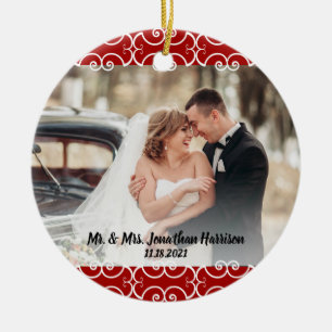 Custom 2 Sided Red White Elegant 2 Foto Hochzeit Keramik Ornament