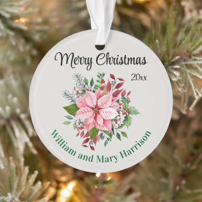 Custom, 2-Sides Pink Poinsettia Bouquet Acrylic Ornament (Baum)