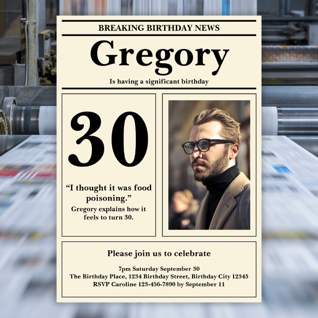 Custom 30. Geburtstag Funny Zitat Retro Zeitung Einladung (Von Creator hochgeladen)
