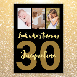 Custom 30. Geburtstag Gold Modern Foto Collage Einladung