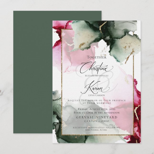 Custom 3 Crimson and Sage Green Watercolor Einladu Einladung (Vorne/Hinten)