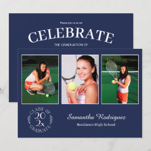 Custom 3 Foto Chic Emblem Navy Graduation Party Einladung