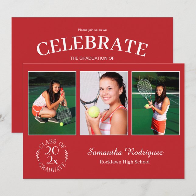 Custom 3 Foto Chic Emblem Red Graduation Party Einladung (Vorne/Hinten)