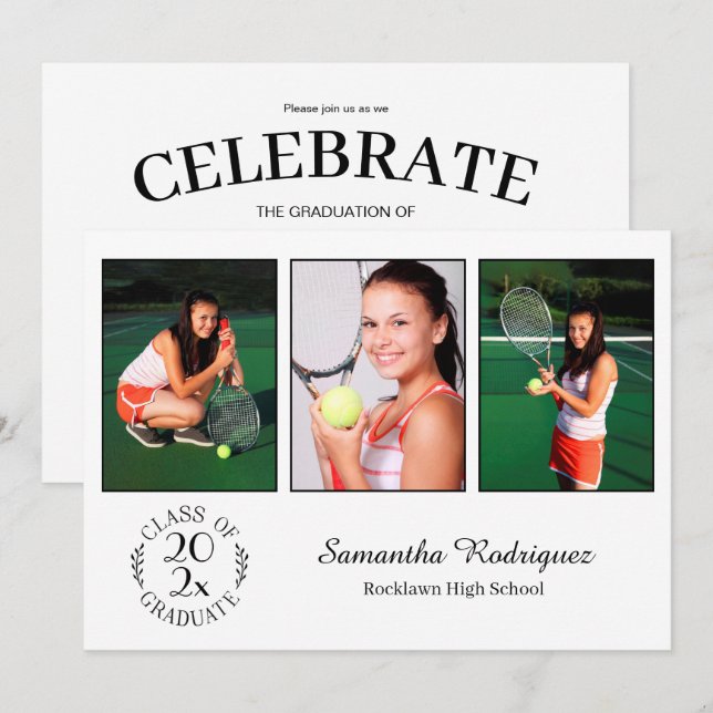 Custom 3 Foto Chic Emblem White Graduation Party Einladung (Vorne/Hinten)