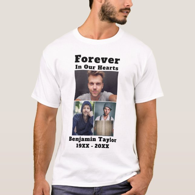 Custom 3 Foto Collage Forever in unseren Herzen T-Shirt (Vorderseite)