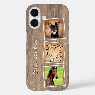 Custom 3 Foto Collage Rustic Wood Monogram Name iPhone 16 Hülle