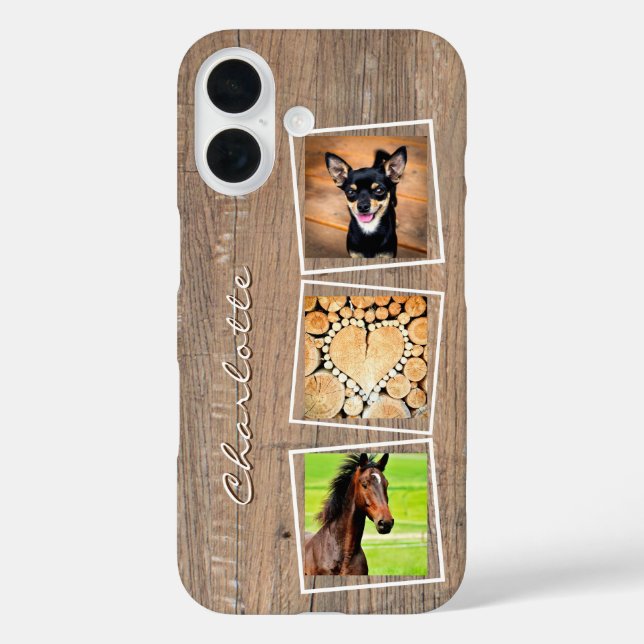 Custom 3 Foto Collage Rustic Wood Monogram Name Case-Mate iPhone Hülle (Rückseite)