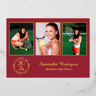 Custom 3 Foto Graduation Party Maroon und Gold Folieneinladung