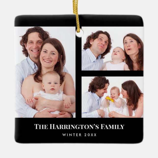 Custom 3 Sections Family Foto Collage Black Frame Keramikornament (Vorderseite)