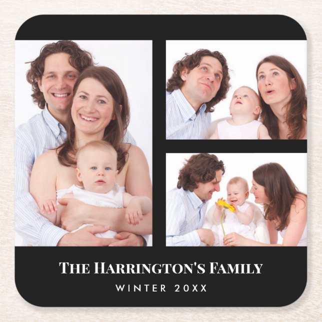 Custom 3 Sections Family Foto Collage Black Frame Rechteckiger Pappuntersetzer (Vorderseite)