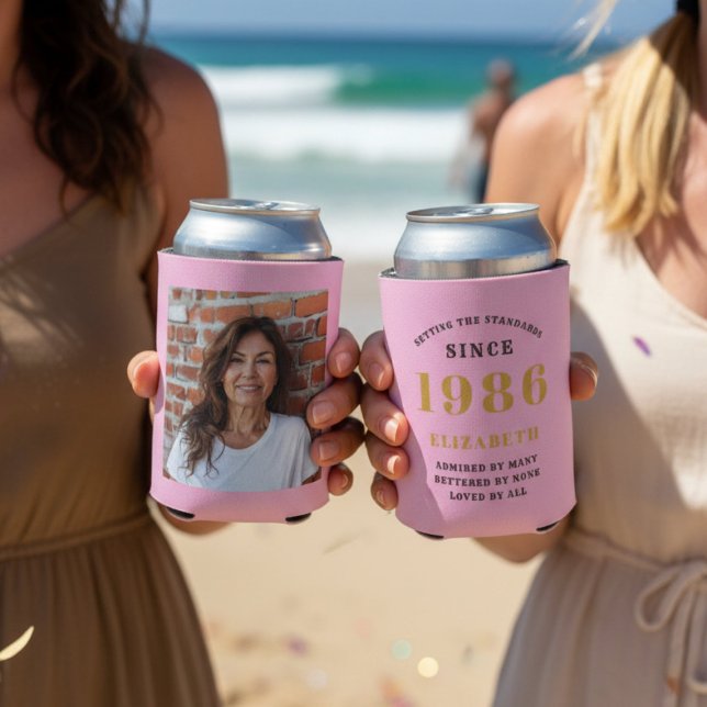 Custom 40th Birthday Pink Gold With Photo Dosenkühler (two pink 40th birthday can coolers with beach background.)