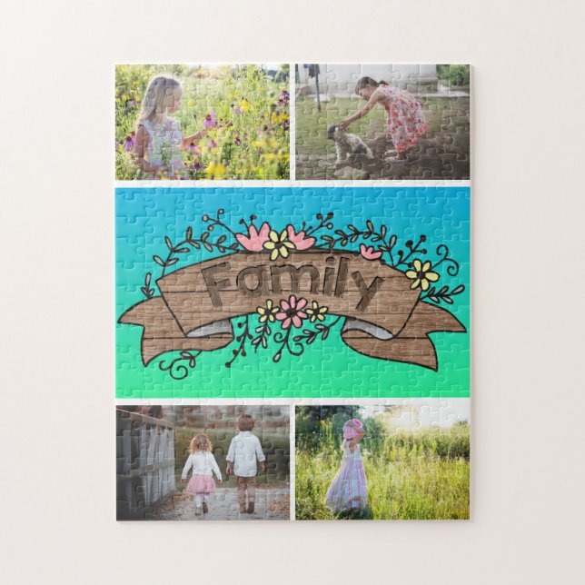 Custom 4 Foto / Blue Green Rustic Family Floral Puzzle (Vertikal)