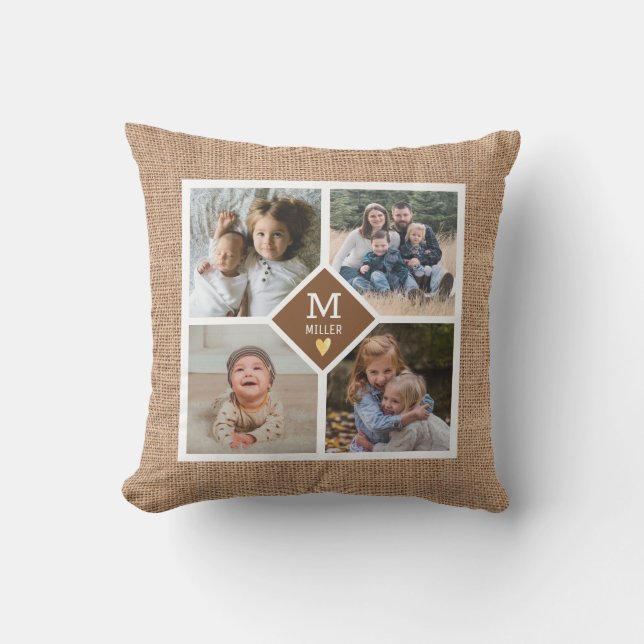 Custom 4 Foto Collage Family Monogram Burlap Kissen (Vorderseite)