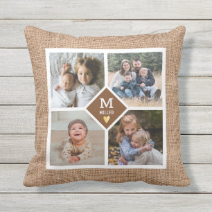 Custom 4 Foto Collage Family Monogram Burlap Kissen