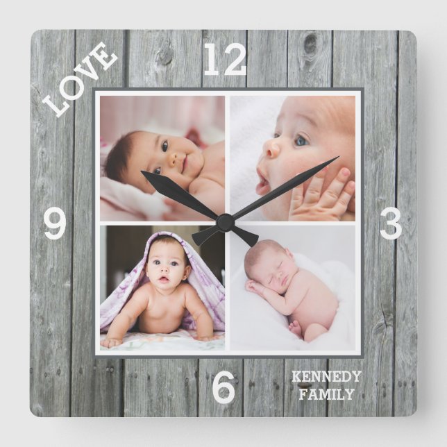 Custom 4 Foto Collage Gray Wood Family Liebe Quadratische Wanduhr (Vorderseite)