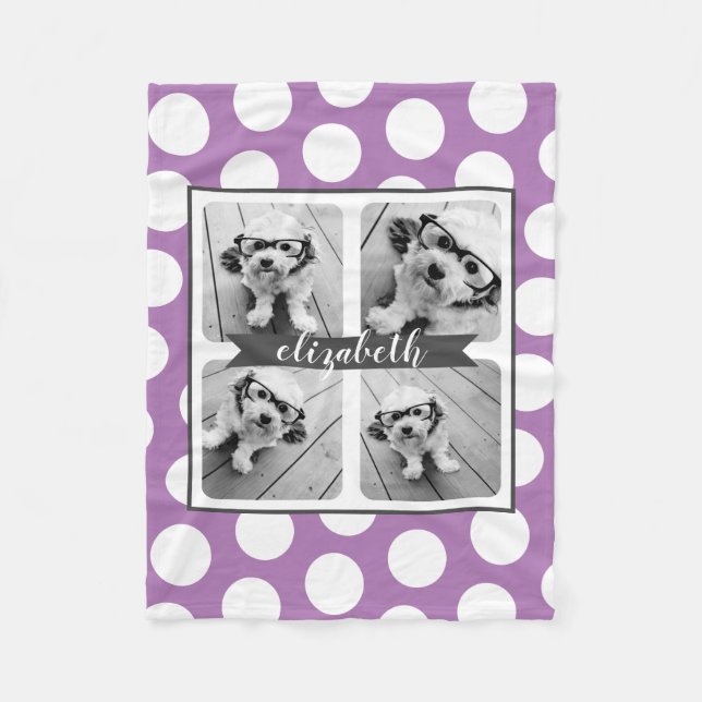 Custom 4 Foto Collage Lila Polka Dot Grau Name Fleecedecke (Vorderseite)