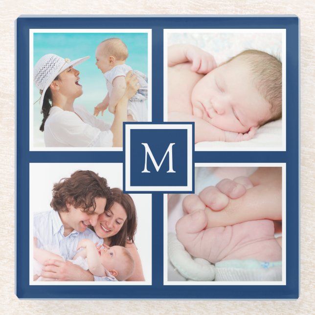 Custom 4 Foto Collage Monogram Blue Glasuntersetzer (Vorderseite)