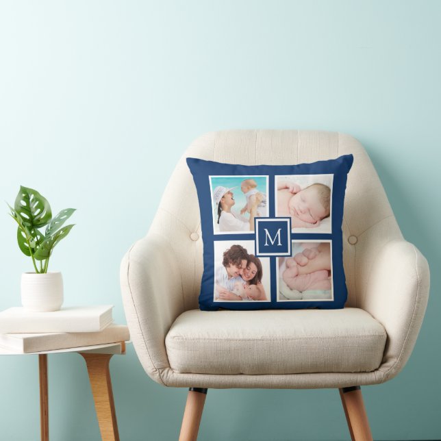 Custom 4 Foto Collage Monogram Blue Kissen (Stuhl )