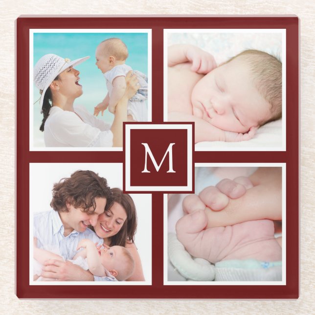 Custom 4 Foto Collage Monogram Burgundy Glasuntersetzer (Vorderseite)