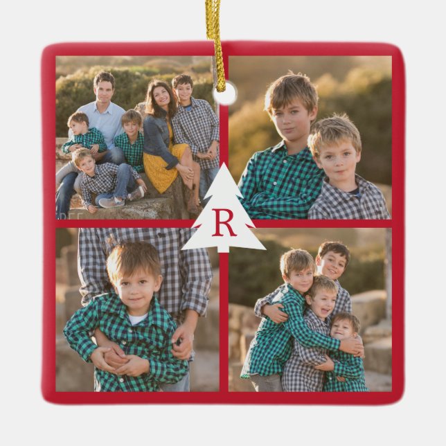 Custom 4 Foto Collage Weihnachtsbaum Monogram Red Keramikornament (Vorderseite)