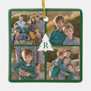 Custom 4 Foto Weihnachtsbaum Monogram Green Keramikornament