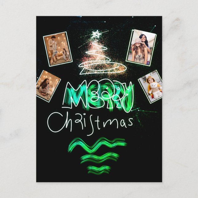 Custom 4 Fotos Emerald Green Glitzer Tree Postkarte (Vorderseite)