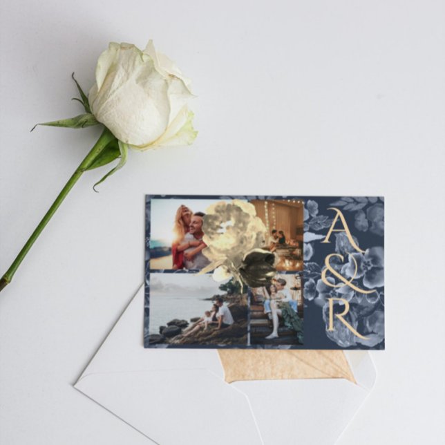 Custom 4 Fotos Navy Blue Golden Floral Hochzeit Einladung (Von Creator hochgeladen)