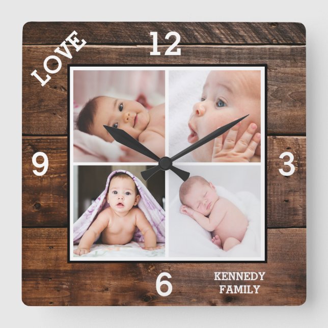 Custom 4 Photo Collage Family Name Love Dark Wood Quadratische Wanduhr (Vorderseite)
