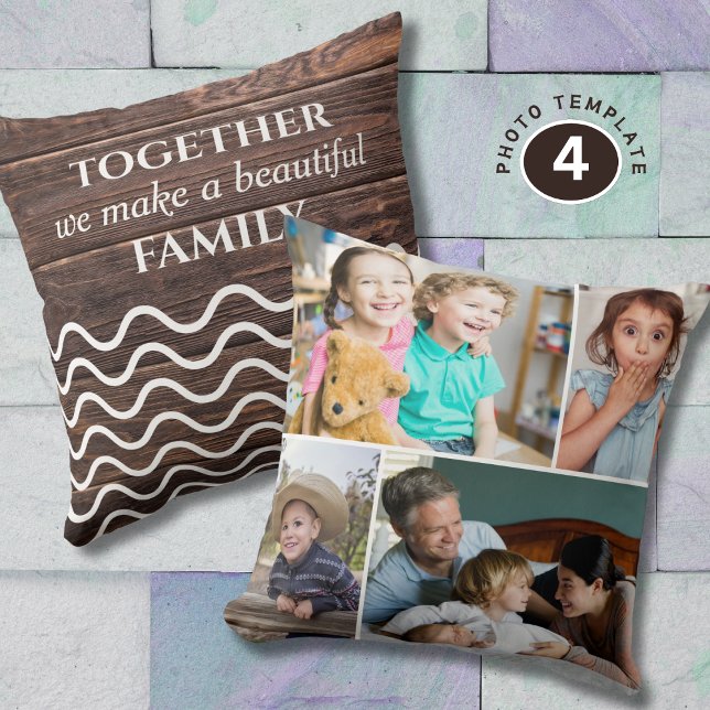 Custom 4 Photo Collage Family Quote Rustic Wood   Kissen (Von Creator hochgeladen)
